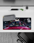 28x12 inches anime mouse pad in blue, magenta, and gold neon glow, late-night arcade racing vibe.