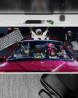Anime girl desk pad 40x20 inches in blue, magenta, and gold neon glow with late-night arcade vibe.