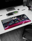 Anime girl mouse pad 32x16 inches featuring anime duo cruising at night, bunny charm detail, city lights.