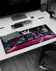 Anime duo in red car desk pad 36x16 inches, cute bunny charm, city lights splashing across windshield.