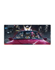 28x12 inches anime girl mouse pad with mischievous duo in glossy red car, neon city street-racer art.