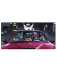 Anime girl mouse pad 32x16 inches with mischievous duo in glossy red car, neon city street-racer art.