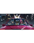 Anime girl desk pad 36x16 inches with mischievous duo in glossy red car, neon city street-racer art.