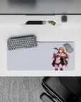 28x12 inches anime desk mat in warm reds and muted greens, cute sci-fi sparkle, soft airy lavender space.