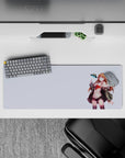 Cute sci-fi anime girl mouse pad 32x12 inches in warm reds, muted greens, and soft lavender, airy vibe.