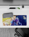 28x12 inches anime mouse pad in warm gold sunlight and cool neon blues, cozy dramatic day-to-night vibe.
