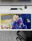 32x16 inches anime mouse pad in warm sunset gold fading into neon blue-purple rainy city glow.