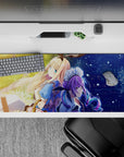36x16 inches anime desk pad in golden sunset and neon blue-purple night tones, cozy dramatic vibe.