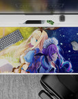 Anime girl desk pad 40x20 inches in golden sunset to neon blue-purple night, cozy dramatic vibe.