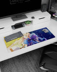 Anime girl mouse pad 32x12 inches showing blonde heroine and purple-haired maid, ribbons and lace detail.
