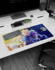 32x16 inches anime girl mouse pad with blonde girl and violet-haired maid posed back-to-back at night.