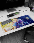 36x16 inches desk pad showing blonde girl and violet-haired maid with ribbons and lace, protective pose.