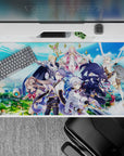 40x20 inches anime desk pad in saturated blues and gold sparkles, crisp uniforms, heroic vibe.