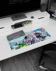28x12 inches anime mouse pad showing black-cloaked swordsman dashing past blue arcs beside armored knight.