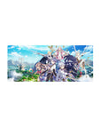 28x12 inches anime mouse pad with fantasy party, silver armor, black cloak fighter, and floating pink mage.