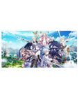 32x16 inches anime mouse pad with heroic sky fantasy party, armor, mage, and blue energy arcs.