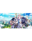 Anime fantasy party desk pad 36x16 inches with armored warrior, cloaked fighter, and floating mage.
