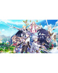 40x20 inches anime desk pad with fantasy party in armor, cloaks, and magic over bright sky clouds.
