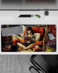 32x16 inches anime girl mouse pad in warm oranges and deep reds, soft lamplight, calm creative vibe.