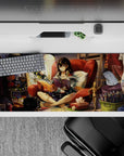 Warm orange-red anime desk pad 36x16 inches with soft lamp glow and creative sketchy vibes.