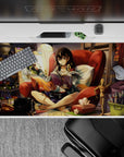 Cozy warm-toned anime desk pad 40x20 inches in soft oranges and deep reds, creative clutter vibe.
