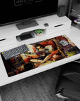 Brunette anime girl lounging with headphones, reading and painting on a 36x16 inches desk pad.