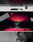 40x20 inches mouse pad showcasing a romantic cosmic sunset with silhouettes and a glowing sky in purple and orange hues.