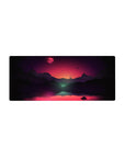 Mouse pad featuring a cosmic sunset, 28x12 inches, with silhouettes and soft purple and orange tones for a peaceful celestial look.