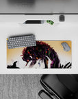 28x12 inches mouse pad with deep purples, blacks, and glowing reds in abstract strokes for a surreal, striking anime effect.