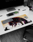 Modern 32x16 inches mouse pad with abstract strokes in deep purples, blacks, and glowing reds for a chaotic, intense anime design.