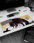 Artistic 36x16 inches mouse pad with abstract strokes in deep purples, blacks, and glowing reds for a visually striking, intense effect.