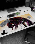 Large 40x20 inches mouse pad featuring deep purples, blacks, and glowing reds in abstract strokes for a chaotic, surreal presence.