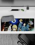 Electric blues and lime neon anime mouse pad 32x12 inches, edgy cyber street vibe under a big moon.