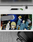 Electric blue and lime neon anime mouse pad 32x16 inches, edgy cyber street mood under a giant moon.