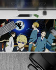 Electric blue and lime neon anime desk pad 40x20 inches with edgy night mood, suits, and chaos.