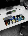 Blond smirking anime lead in fur-trimmed coat on 28x12 inches mouse pad, moonlit skyline behind.