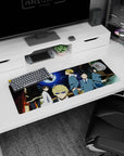 Blond smirking lead in fur-trimmed coat anime mouse pad 32x12 inches, classmates behind, neon skyline.