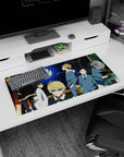 Blond smirking lead in fur-trim coat on anime mouse pad 32x16 inches, with quiet stares and bikes.
