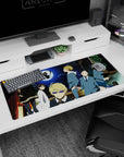 Blond smirking anime lead in fur-trim coat on desk pad 36x16 inches, backed by quiet stares and neon.