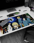 Blond smirking lead in fur-trimmed coat on anime desk pad 40x20 inches, with quiet stares behind.
