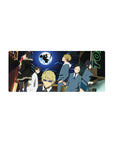 Neon city night anime mouse pad 28x12 inches with huge moon, biker silhouette, and sharp-suited cast.
