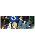 Neon city night anime mouse pad 32x12 inches with huge moon, biker silhouette, and sharp-suited cast.