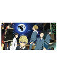 Neon city night anime mouse pad 32x16 inches with huge moon, biker silhouette, and sharp-suited crew.