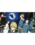 Neon city night anime desk pad 40x20 inches with huge moon, biker silhouette, and street scene cast.