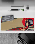 32x12 inches extended anime mouse pad in warm beige with bold red sun, calming teal patterns.