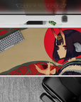 Calming warm-tone anime girl desk pad 40x20 inches in beige, bold red sun, and swirling teal accents.