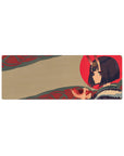 32x12 inches anime girl mouse pad with Shuten Douji, beige backdrop, red sun, teal swirls, horns.