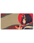 32x16 inches anime girl mouse pad with beige backdrop, red sun, teal swirls, and oni horn portrait art.