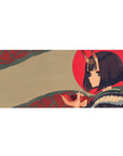 36x16 inches anime girl desk pad with Shuten Douji art, red sun backdrop and teal swirls.