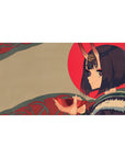 Anime girl desk pad 40x20 inches with beige backdrop, red sun, teal swirls, and oni-horned portrait.